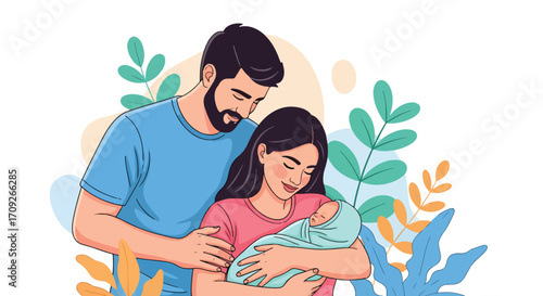 Adobe illustrator artwork vector illustration. A young, happy couple with closed eyes, embracing and holding their sleeping newborn baby, surrounded by elegant, decorative foliage
