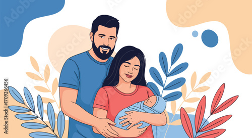 Adobe illustrator artwork vector illustration. A young, happy couple with closed eyes, embracing and holding their sleeping newborn baby, surrounded by elegant, decorative foliage