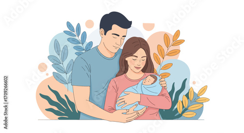 Adobe illustrator artwork vector illustration. A young, happy couple with closed eyes, embracing and holding their sleeping newborn baby, surrounded by elegant, decorative foliage