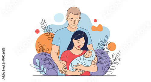 Adobe illustrator artwork vector illustration. A young, happy couple with closed eyes, embracing and holding their sleeping newborn baby, surrounded by elegant, decorative foliage