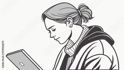 Woman using tablet grayscale illustration profile view stylish modern digital device graphic design fashion elegant minimalistic simple clean lines female portrait technology commun.
