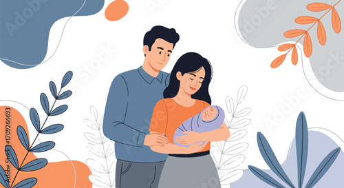 Adobe illustrator artwork vector illustration. A young, happy couple with closed eyes, embracing and holding their sleeping newborn baby, surrounded by elegant, decorative foliage
