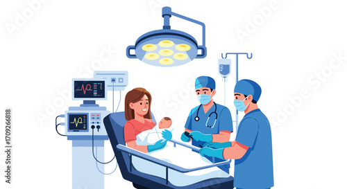 Adobe illustrator artwork vector illustration. A joyful parent smiles from a hospital bed after a C-section, as medical staff attend to her newborn baby in a sterile operating room setting