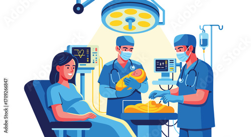 Adobe illustrator artwork vector illustration. A joyful parent smiles from a hospital bed after a C-section, as medical staff attend to her newborn baby in a sterile operating room setting