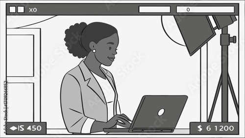 Woman working on laptop in studio setup black and white illustration professional business technology digital workspace.