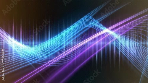 Abstract neon light waves in blue and purple with glowing lines on dark background
