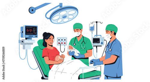Adobe illustrator artwork vector illustration. A joyful parent smiles from a hospital bed after a C-section, as medical staff attend to her newborn baby in a sterile operating room setting