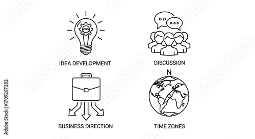 Vector illustration of idea development, discussion, business direction, and time zones icons business strategy and global communication