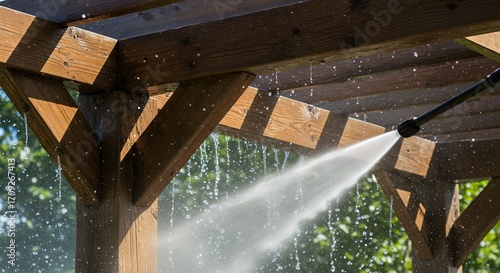 Wooden pergola cleaning with high pressure washer