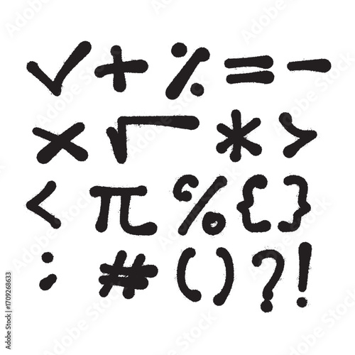Collection of mathematical symbols and signs, including checkmark, plus, percentage, equals, minus.