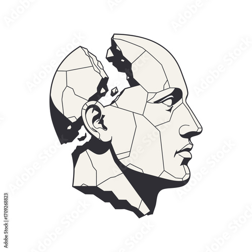 Abstract geometric human head sculpture fragmented symbolizing thought creativity mind break vector