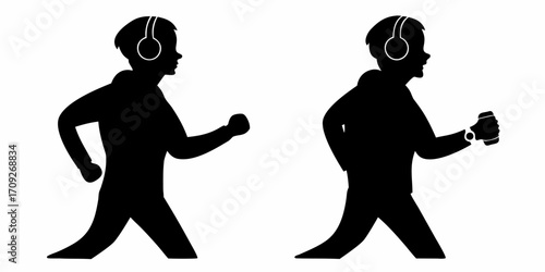 Two silhouettes of a person jogging with headphones and one holding a drink and wearing a watch on their wrist | editable eps vectors