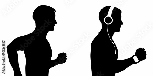 Silhouette illustration of two men running one with headphones and a smart watch on a white background | editable eps vectors