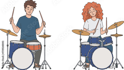 Young man and woman playing drums together illustration in flat style musical performance concept for band rehearsal and entertainment projects