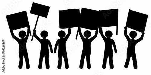Silhouette of people protesting with signs and banners raised in the air in a demonstration scene | editable eps vectors