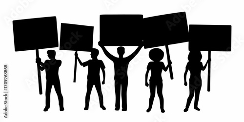 Silhouette illustration of a group of people protesting and holding signs in the air together | editable eps vectors