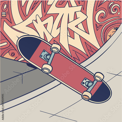 Dynamic skateboard illustration with graffiti and ramps ideal for youth culture designs