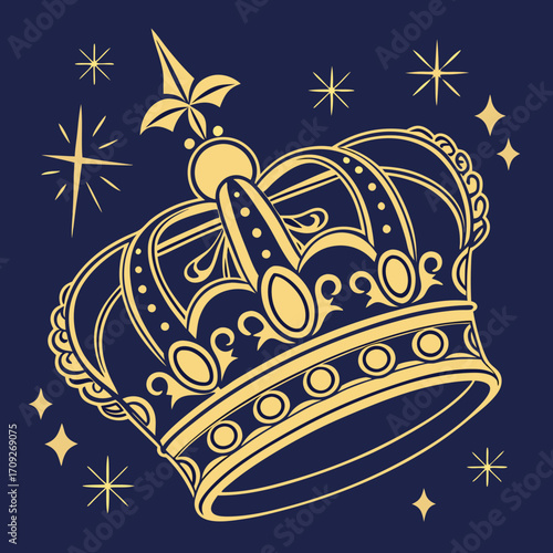 Elegant golden crown and sparkling stars create a magical regal design for your creative projects