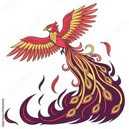 Majestic phoenix soaring high with fiery feathers, a symbol of rebirth and transformation, vibrant and bold