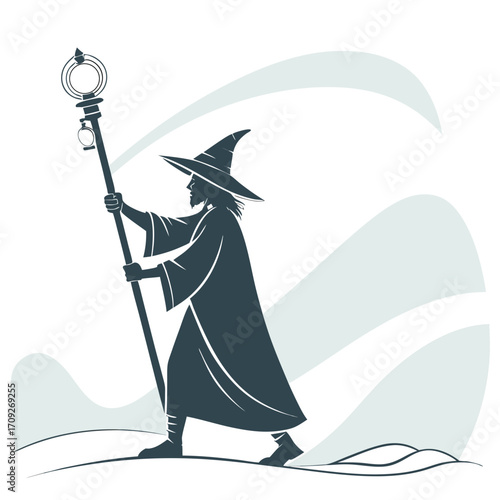 Mystical wizard silhouette walking with staff on adventure quest for magical fantasy games