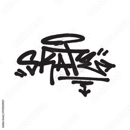 Stylized black graffiti tag of the word 'SKATE' with a halo, created with a spray paint effect on a white background.