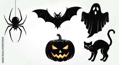 Spooky Halloween icons create eerie mood with black cat, bat, ghost, spider and jack-o-lantern