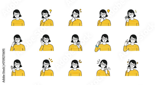 Woman's diverse expressions of thinking, questioning, and considering various ideas and solutions