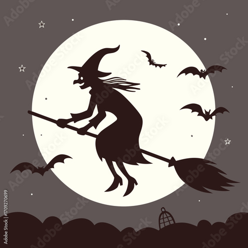 Silhouette of witch flying on broom with bats in front of moon