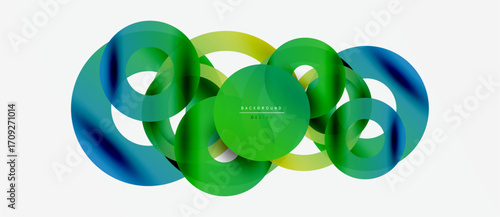 Abstract colorful circles overlap creating dynamic visual effect. Gradient shades blend smoothly, forming modern design element.