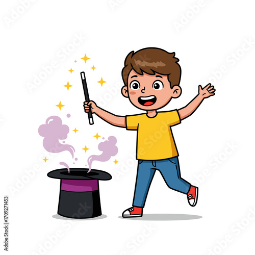 A joyful child in a yellow shirt waves a magic wand over a top hat with purple smoke and sparkles rising, standing excitedly against a white background.