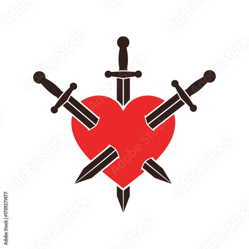 Broken heart symbol pierced by three swords emotional pain and heartbreak abstract concept vector