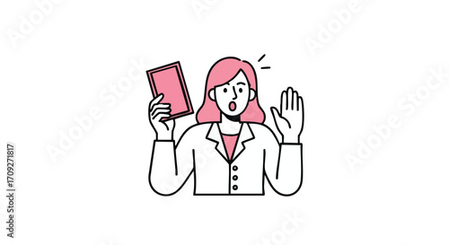 Businesswoman showing red card with surprised expression, conveying warning or mistake in professional setting.