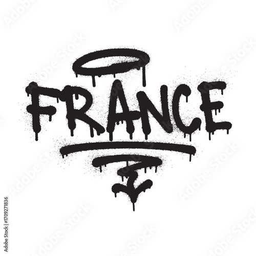 Urban graffiti tag of the word FRANCE, rendered in black spray paint with a halo and drips on a white background.