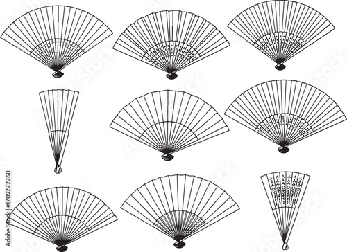 Festive Japanese Folding Fan Line Style Icons.