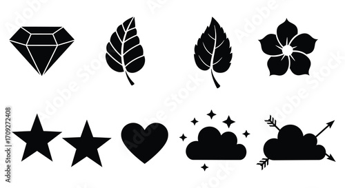 A collection of black silhouette icons depicting nature and abstract shapes