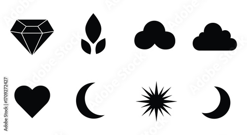 Simple black silhouettes of hearts diamonds clubs and other shapes
