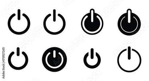 Various black power button icons arranged in a grid design