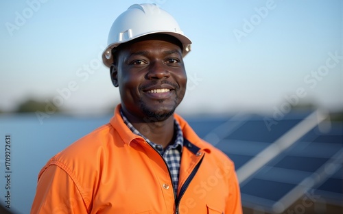 Portrait of black migrant worker in uniform at solar farm. High quality
