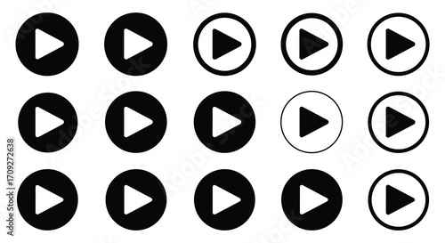 Collection of black and white circular play button icons displayed neatly