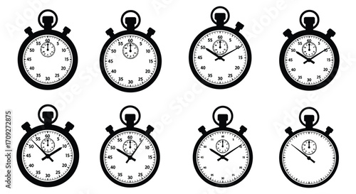 Eight black and white stopwatches displaying different times isolated on white