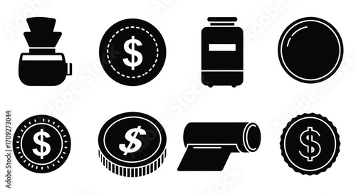 Black and white icons depicting coffee money and a roll