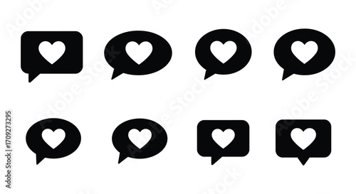 Black and white illustration of heart shaped speech bubbles in a row