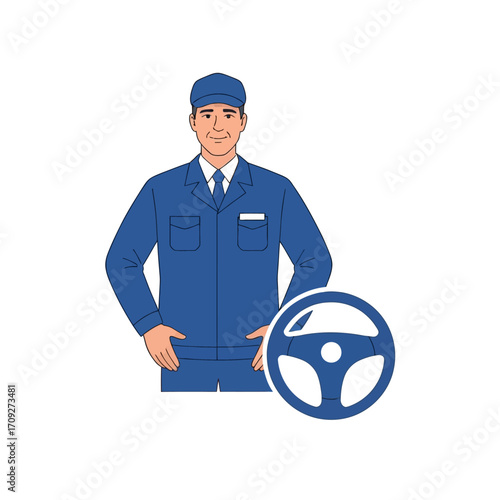 Vector Driver Illustration | Professional Chauffeur with Cap, Flat Minimalist Style, White Background