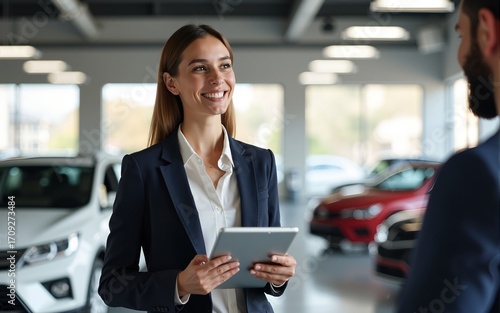 Cheerful saleswoman standing in classy car salon with tablet in hands and having conversation with buyer. High quality