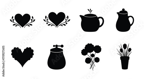 Black silhouettes of hearts teapots flowers and botanical illustrations