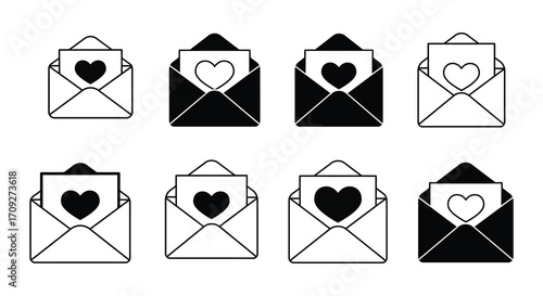 Eight black and white outline envelopes each containing a heart symbol