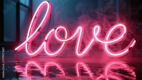 Pink neon love sign glowing with smoke reflection on dark romantic background
