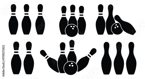 Black silhouette icons of bowling pins balls and a strike arrangement