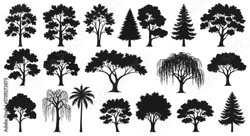 Diverse collection of elegant tree silhouettes for nature projects and design.