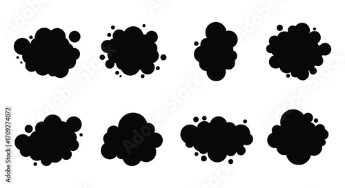 Collection of abstract black cloud shapes and splatter designs on white